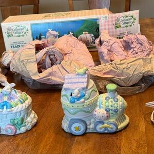 Easter Cottontale Cottages Hand Painted Porcelain 3 Piece Train Set Easter Decor